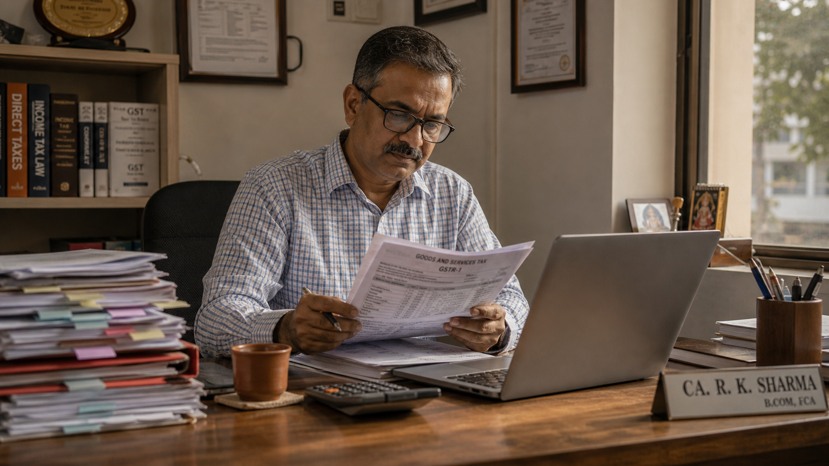 Accountant at month-end with a laptop, statements, and a calculator in a calm office setting
