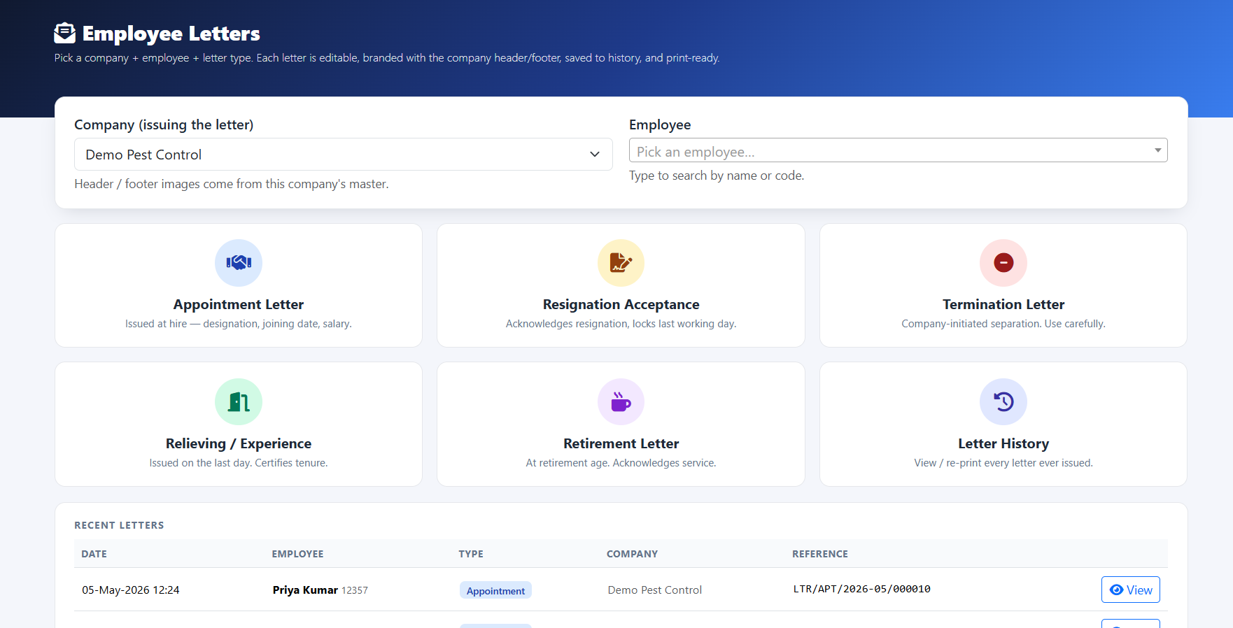 Employee letter issuance dashboard with audit trail of issued appointment, resignation, termination, and relieving letters