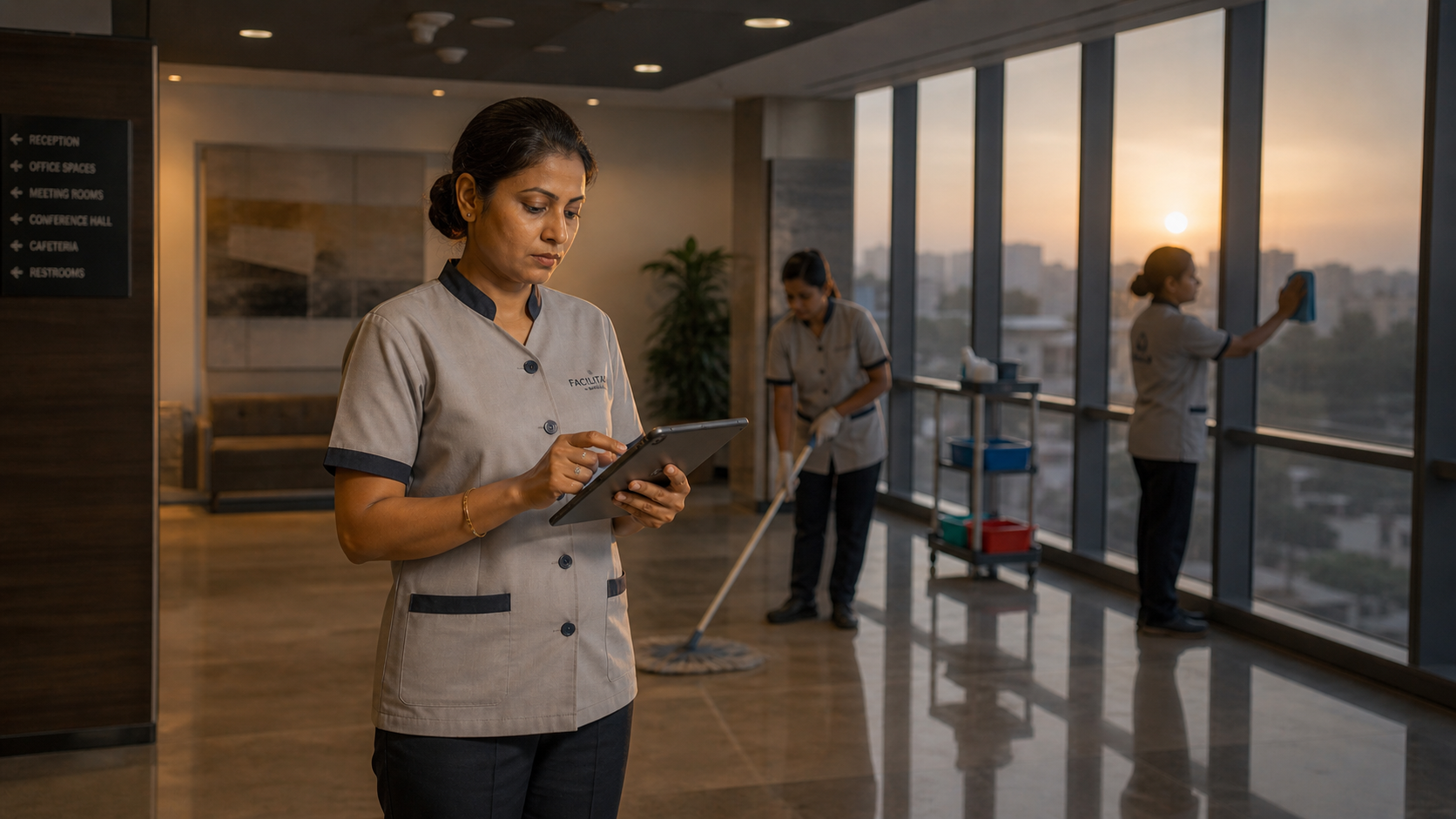Cleaning supervisor coordinating a multi-floor commercial cleaning shift in an office building