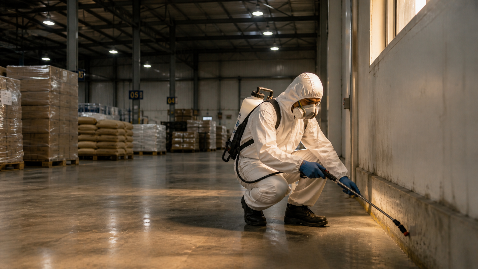 Pest control technicians inspecting baseboards in a food warehouse with PPE and chemical labels visible