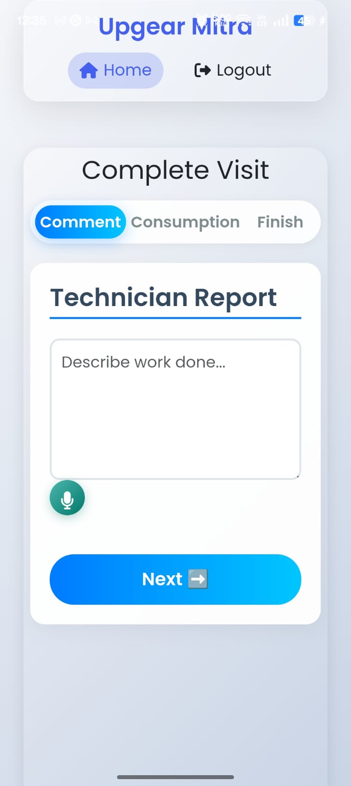 Upgear Mitra technician notes screen with voice input for visit description