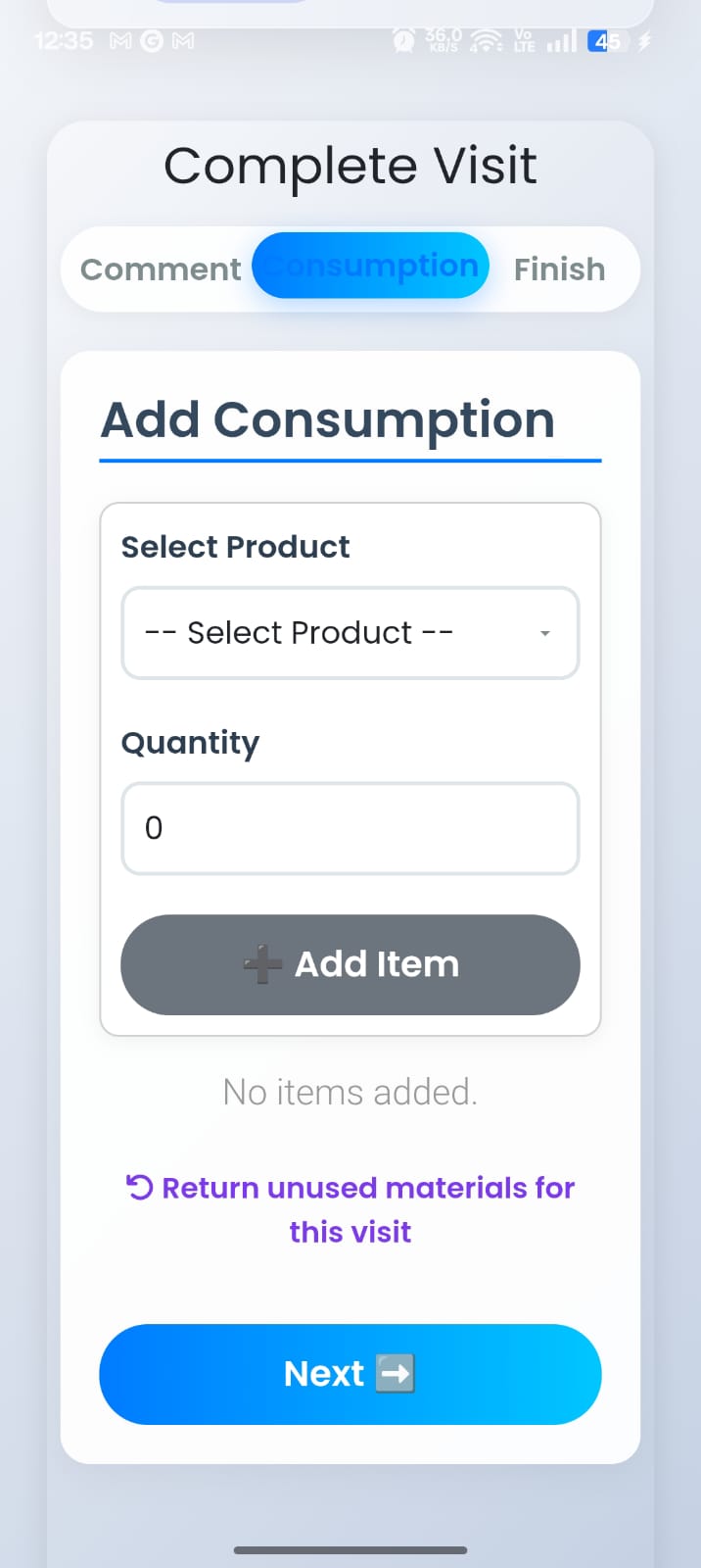 Upgear Mitra material consumption screen with chemical batch selection and quantity entry