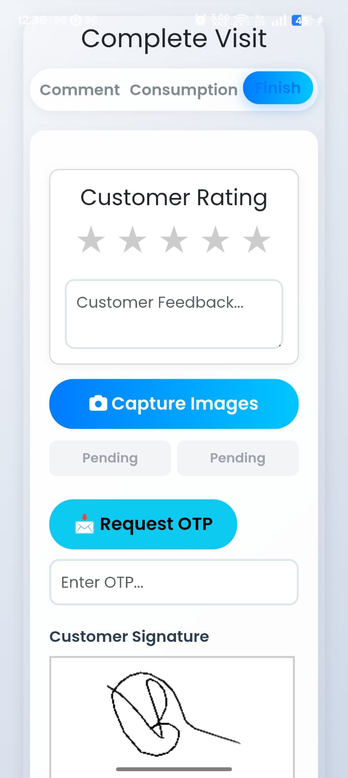 Upgear Mitra customer rating, feedback, and signature capture screen with optional OTP verification