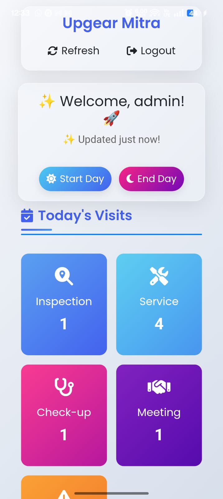 Upgear Mitra home screen showing GPS-stamped attendance, today's visit categories, and start-of-day actions