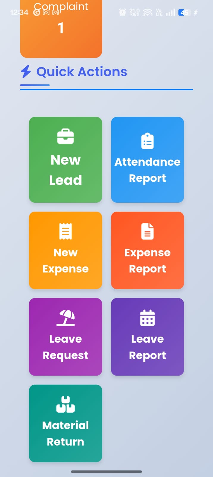 Upgear Mitra home screen quick actions: new lead, attendance report, expense, leave request, material return