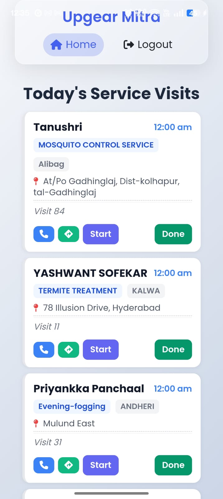 Upgear Mitra visit list showing today's customer visits with service type, time, and location