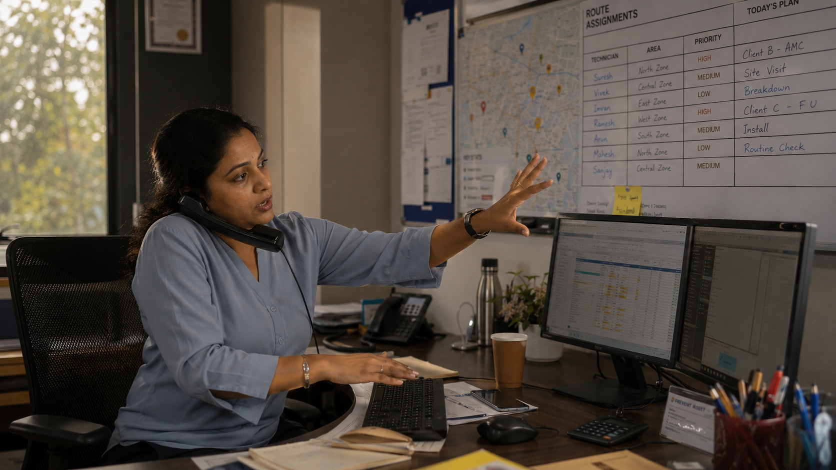 Operations manager coordinating field-technician dispatch from a desk while watching the live GPS map
