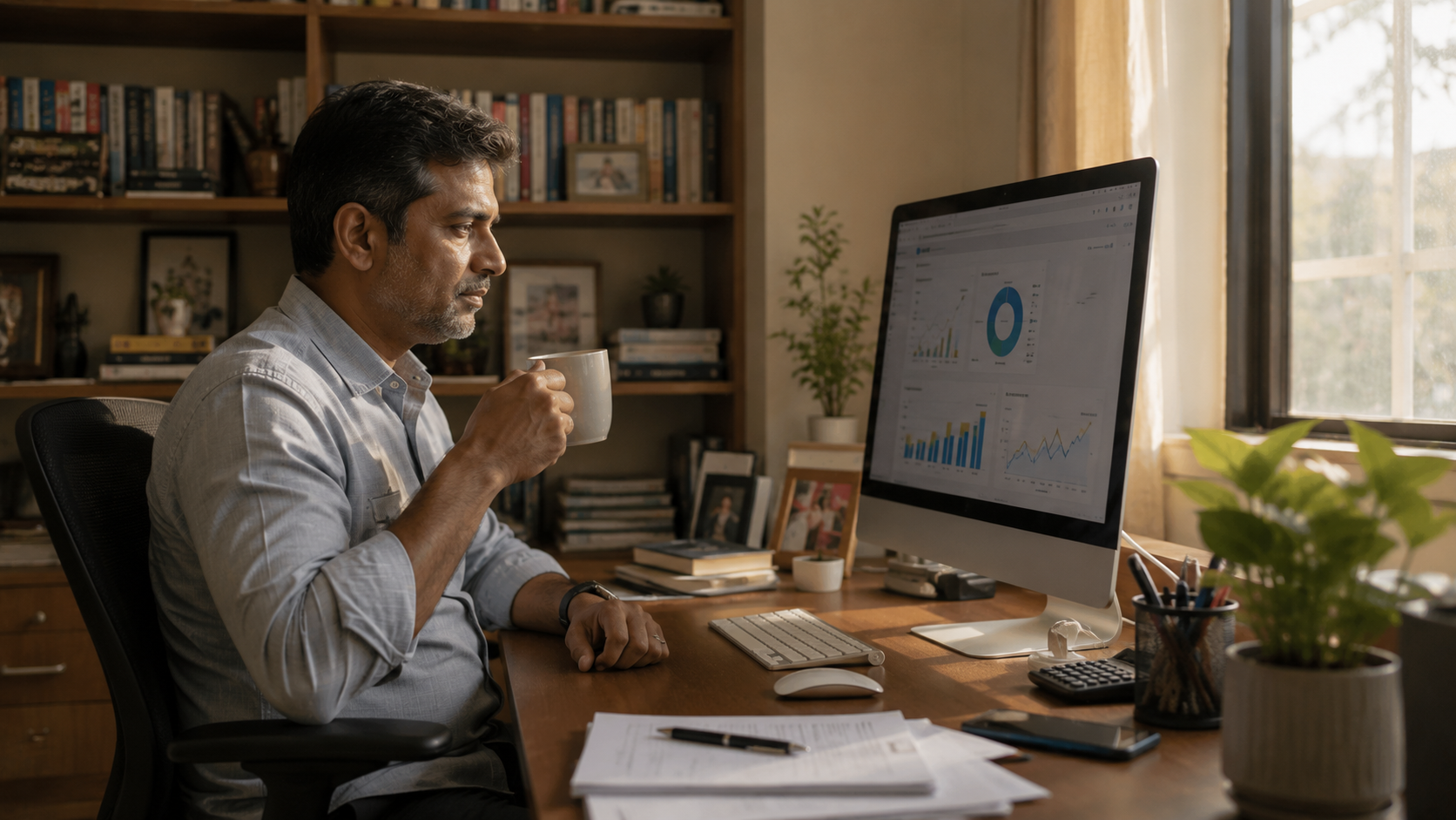 Pest control business owner reviewing the day's operations on their phone over morning coffee