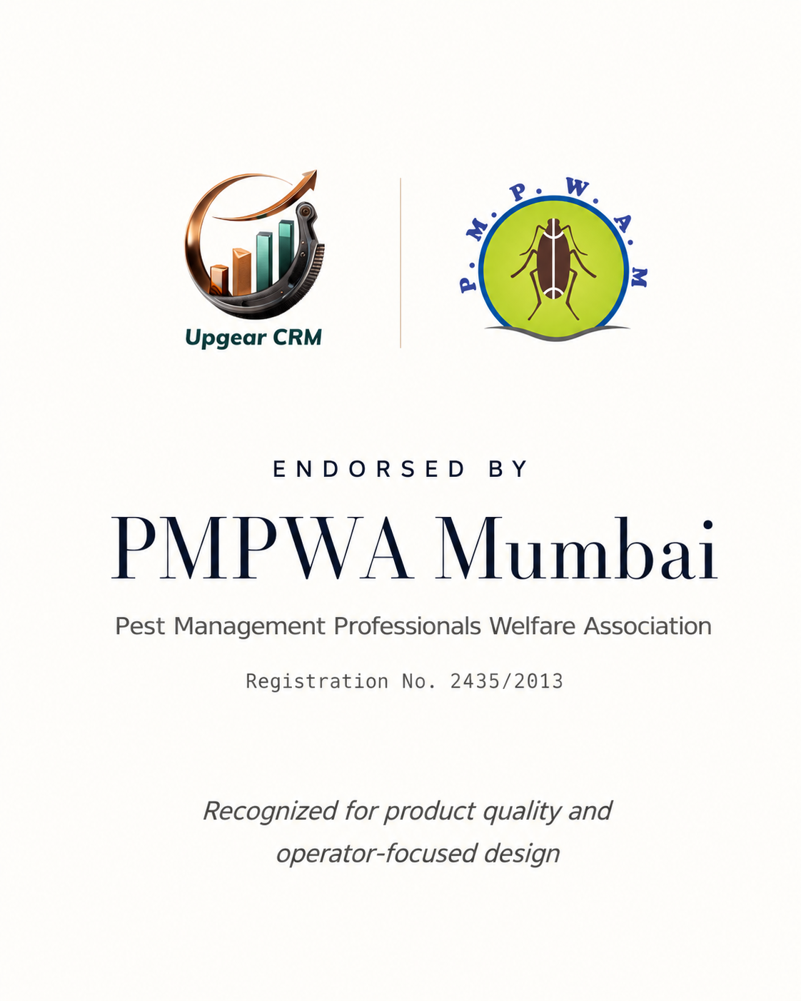 Upgear endorsement by PMPWA Mumbai (Reg. No. 2435/2013)
