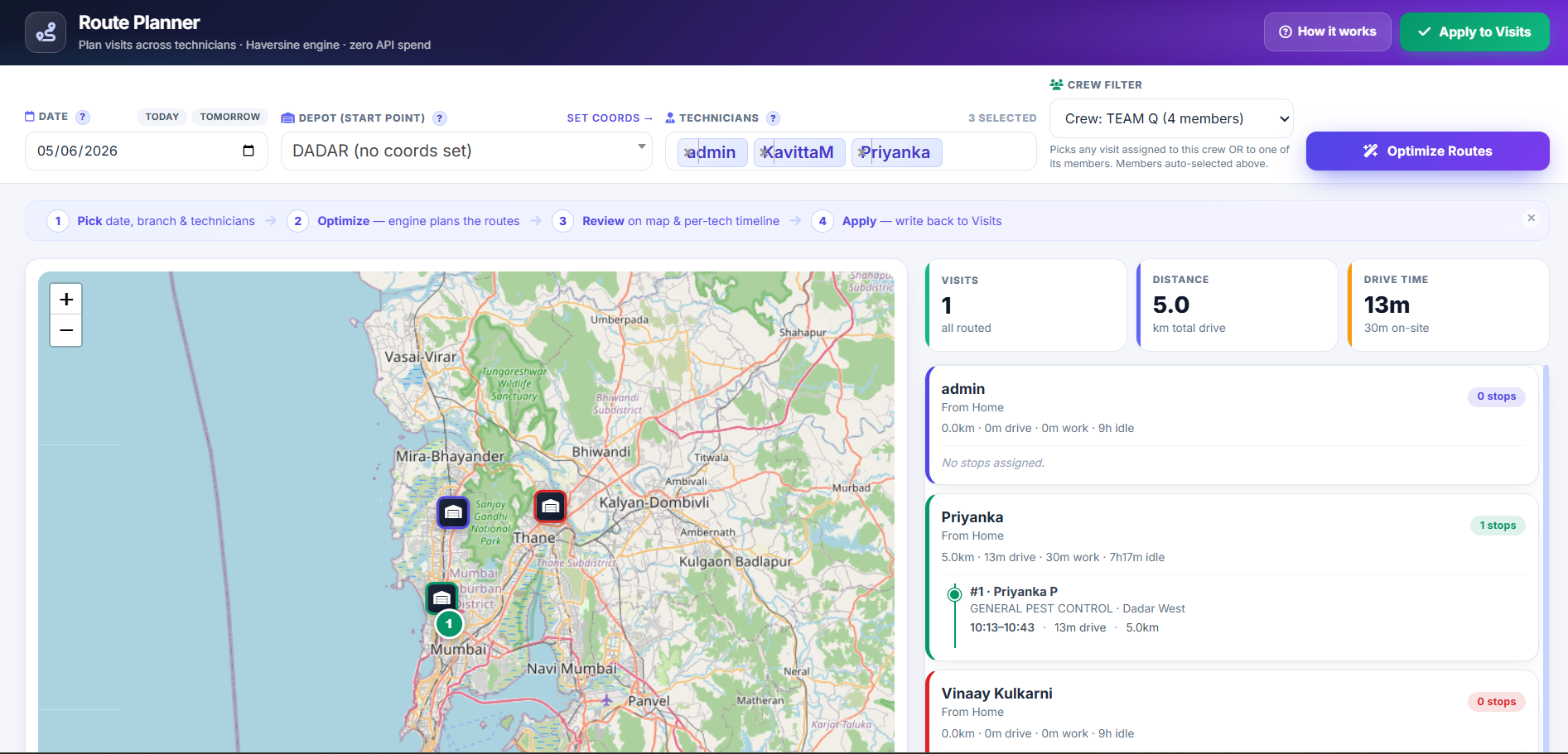 Route planner ordering the day's cleaning visits geographically across multiple buildings with skill match